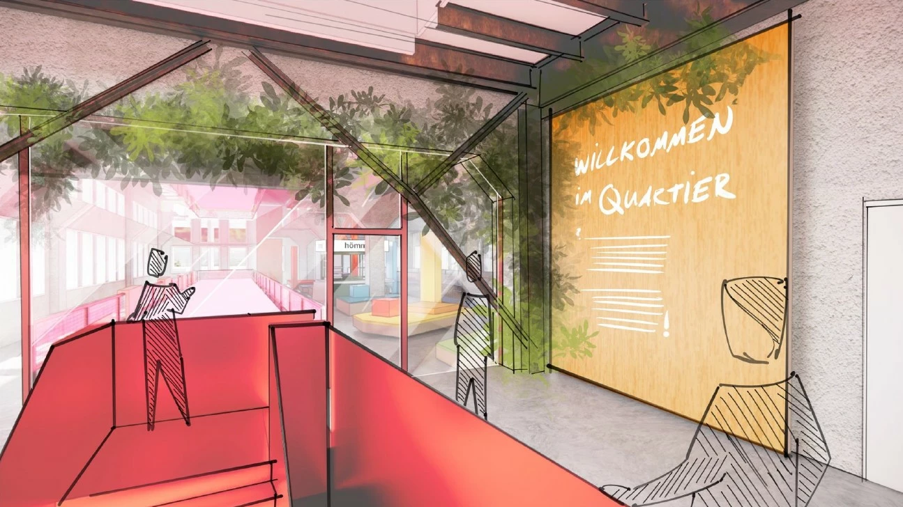 Entwurfsskizze der Eingangssituation und Erlebnisstationen im Obergeschoss. Credit: facts and fiction GmbH 