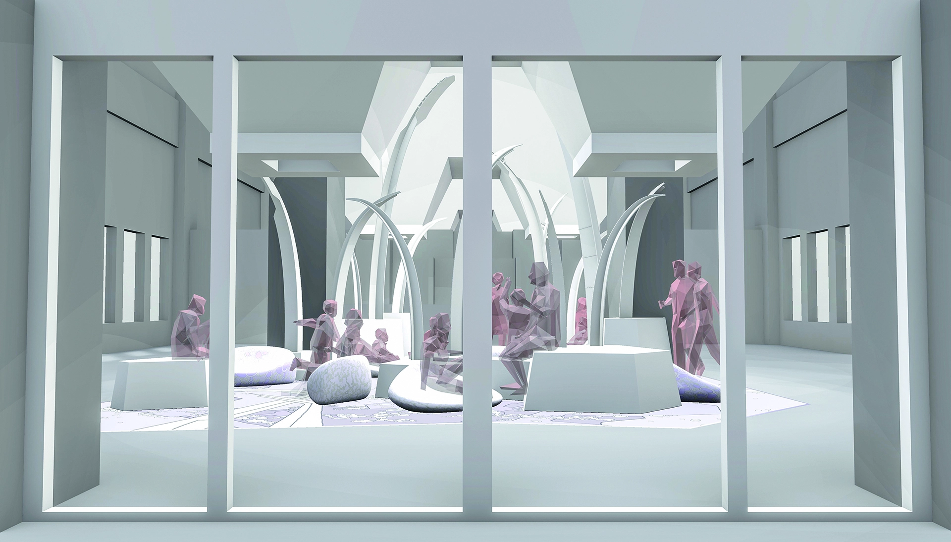 Weissmodell Myrmekadia im 3D-Rendering mit Blick aus dem Vorraum des Greentowers im Erdgeschoss. Credit: Buchow Leidenberger