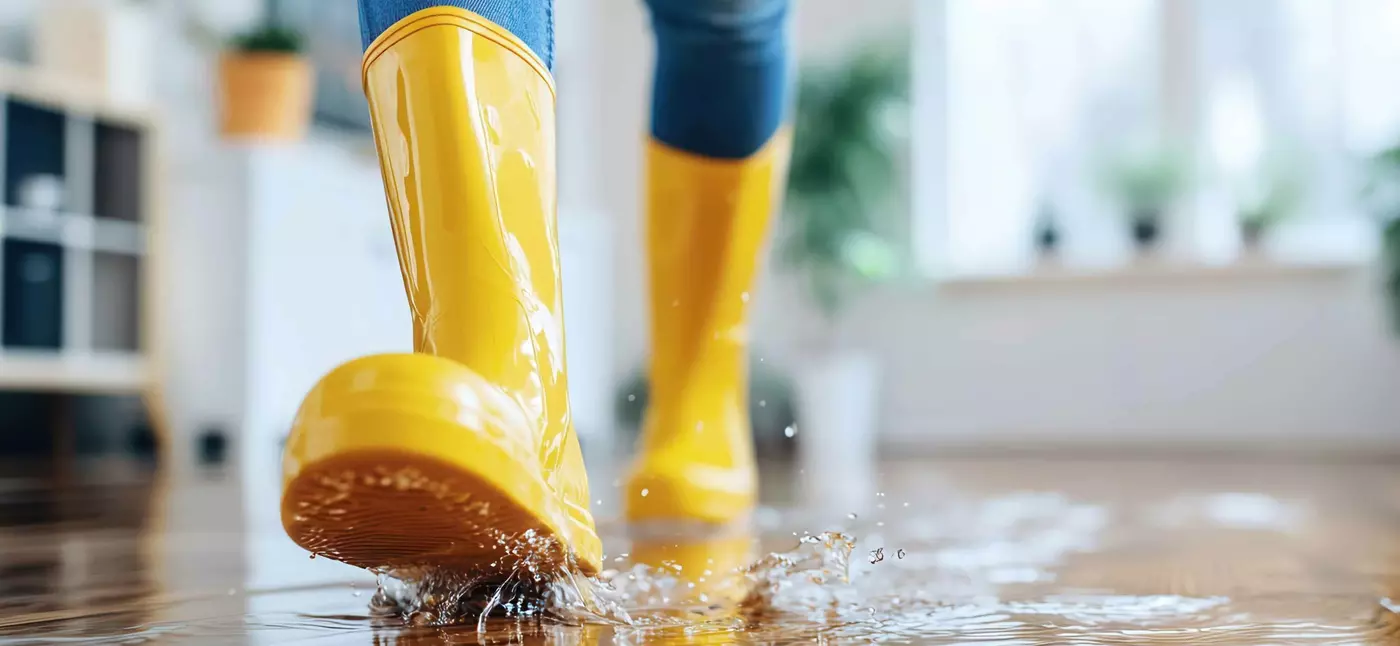 Eine Person läuft durch eine Wasserlache, die sich in einer Wohnung befindet. Die Person trägt gelbe Gummistiefel und eine blaue Jeans, die in die Stiefel gesteckt ist. Im Hintergrund sieht man die Möbel und Zimmerpflanzen. 