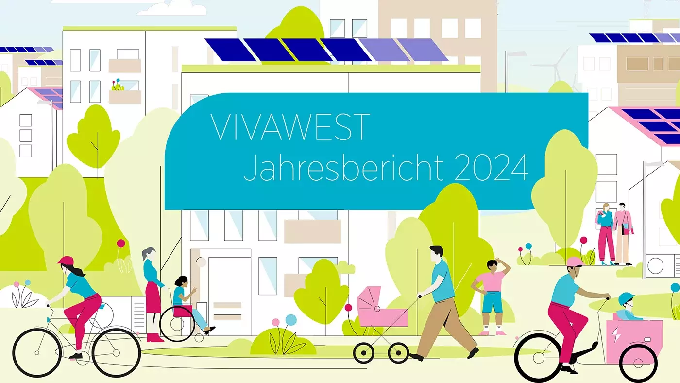 Das bunte Keyvisual des VIVAWEST Geschäftsbericht 2024 besteht aus der grafischen Darstellung eines idealisierten VIVAWEST-Quartiers. Man sieht Ein- und mehrgeschossige Häuser mit Spitz- oder Flachdächern. Teilweise sind die Dächer begrünt und mit Solaranlagen ausgestattet. Im Vordergrund des Bildes sind exemplarisch die unterschiedlichen Mietergruppen (wie zum Beispiel Paare, Kinder und Eltern) dargestellt. Die Personen werden ohne Gesicht dargestellt.